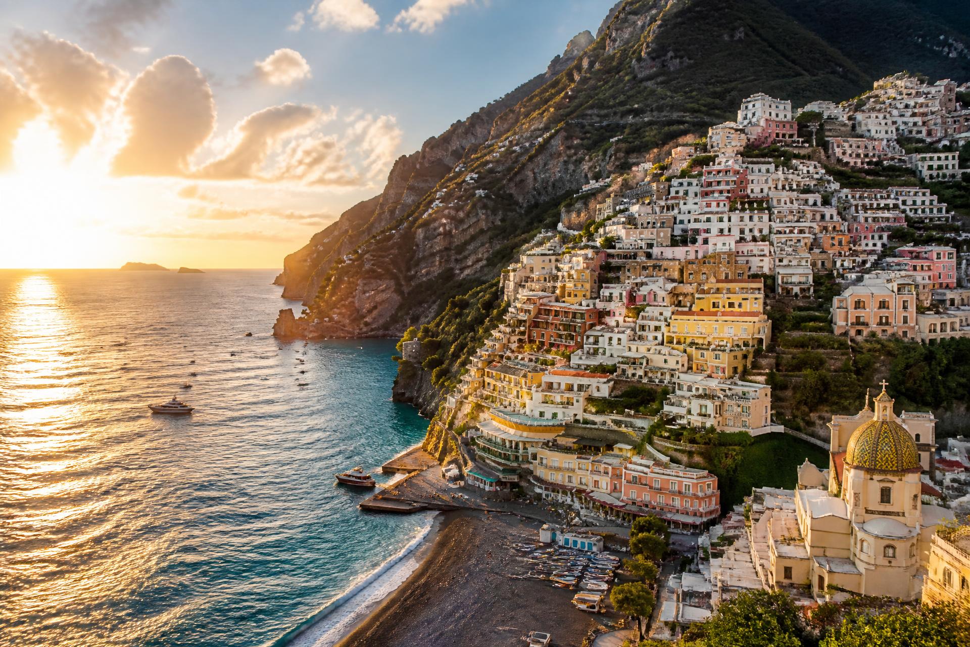Aerial view of Positano cliffside village at sunset on the Amalfi Coast, Italy