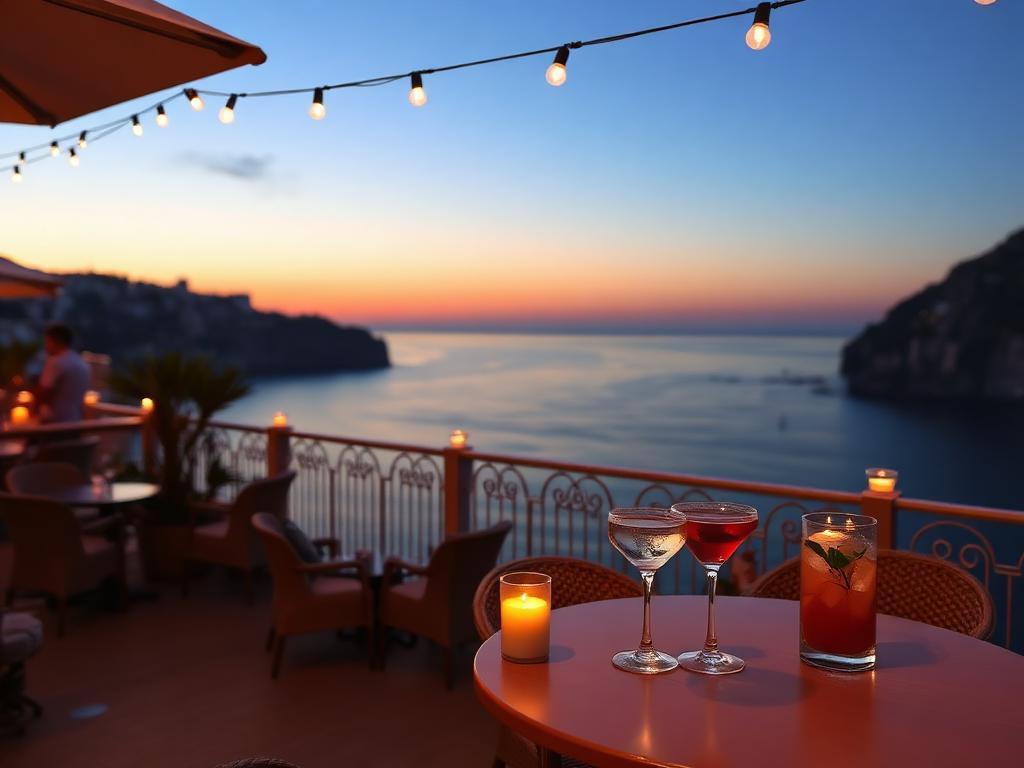 Evening cocktail bar terrace with coastal view for Amalfi Coast nightlife